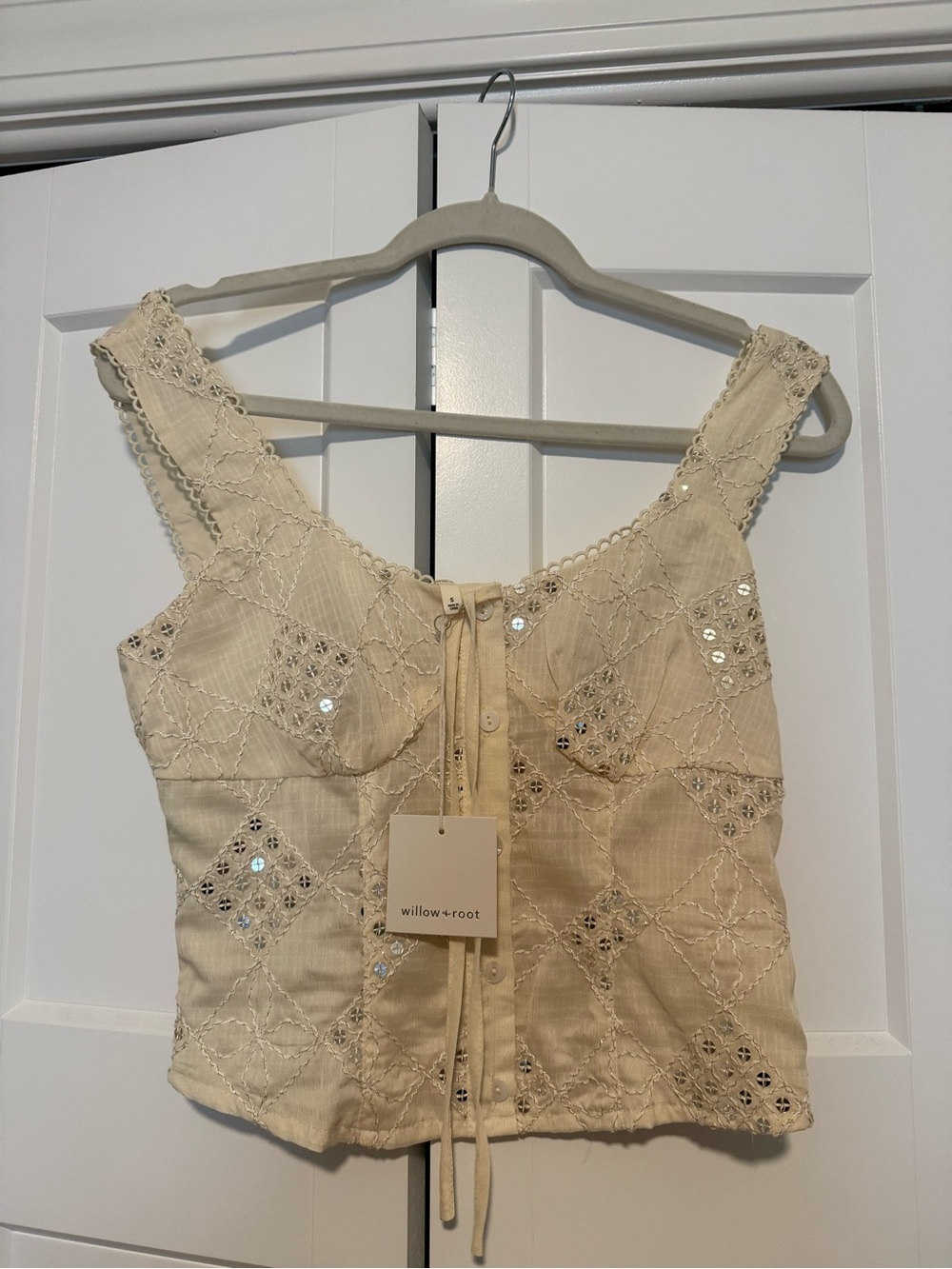 Willow Root Cream Embroidered Sequin Crop Top